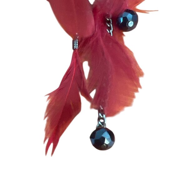 Long Dangle Earrings Red Feathers Gunmetal Glass Acrylic Beads Hooks Boho 6" - Picture 2 of 4
